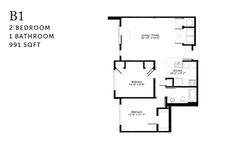 Floor plan for 2 beds, 1 bath, 991 sqft